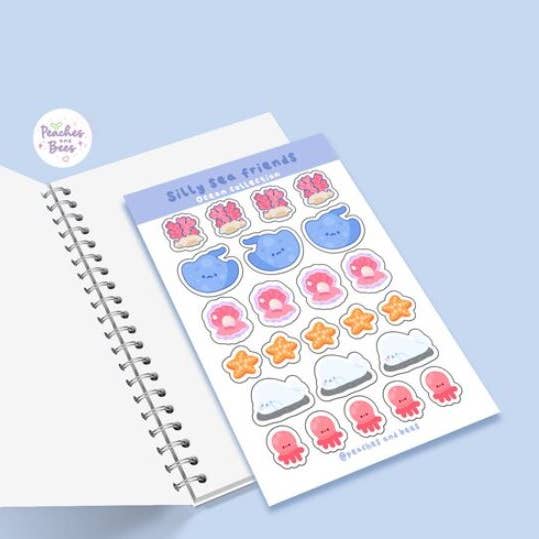 Feuille d'autocollants en forme d'animaux marins mignons pour la vente par Peaches and Bees.