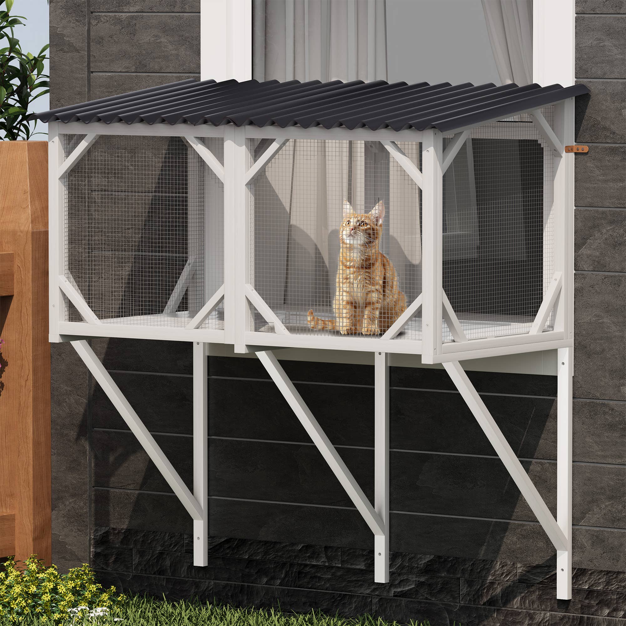 39F Inc. - Vente Bibelots/décorations d'extérieur - Catio de fenêtre pour chat d'extérieur de 43,3", fenêtre en bois tout temps1