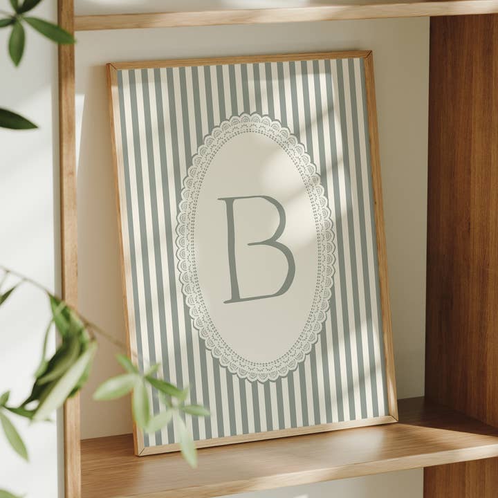 Green Stripe Initial Wall Art | Letter 'B' Monogram Print for wholesale by Paperly Creative Co