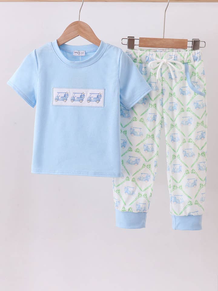 Aspen Rain Boutique - Wholesale Top & Pant Set - Kids - Blue golf cart embroidery pants set