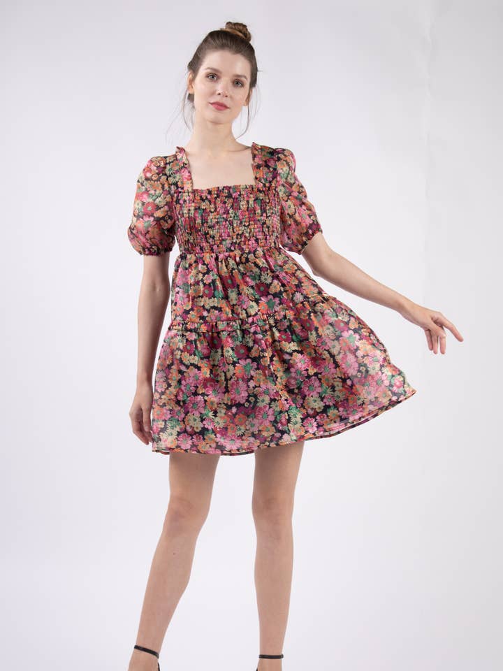 VD33872-Blommig Organza Transparent Tyg Babydoll Miniklänning för wholesale av VERY J