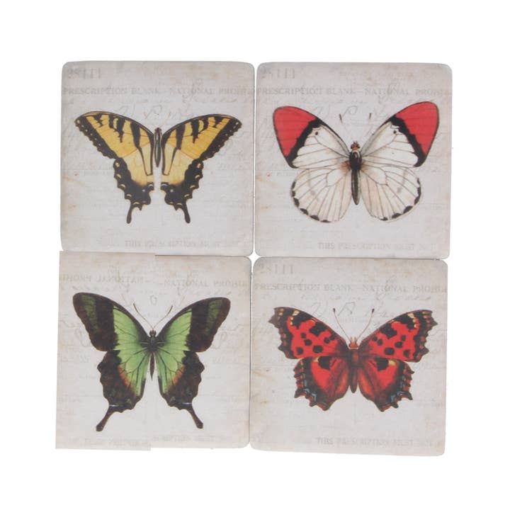 GE33881: Set of 4 bright butterfly resin coaster 3.9x3.9in for wholesale by Silver Tree Home & Holiday