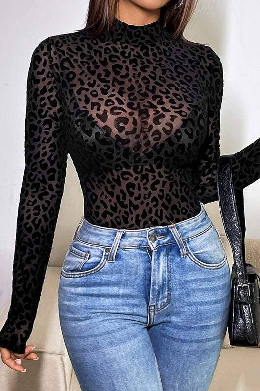 BLACK leopard mesh long sleeves bodysuit for wholesale on Faire3