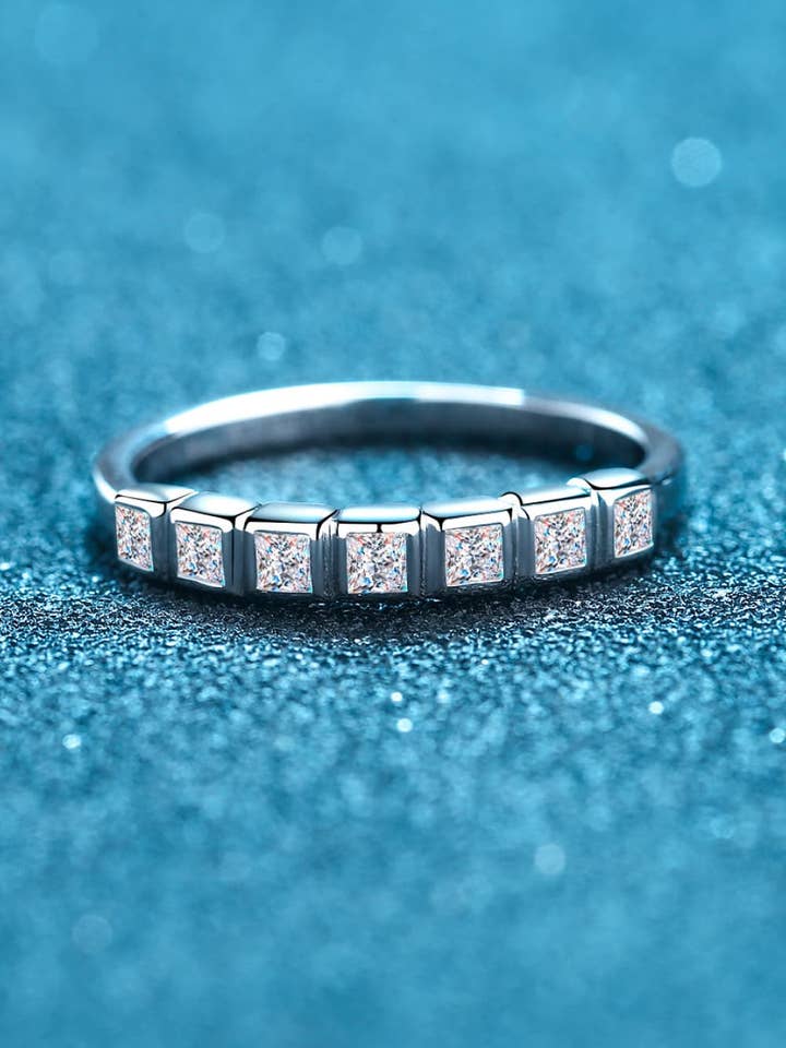 Moissanite Rhodium-Plated Half-Eternity 7 Stone Ring for wholesale by Sparkala