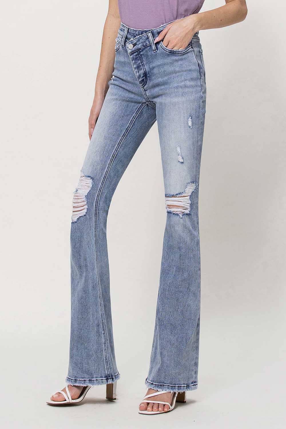 DANNY HIGH RISE CRISS CROSS BUTTON UP FLARE JEANS V3032 for wholesale on Faire6