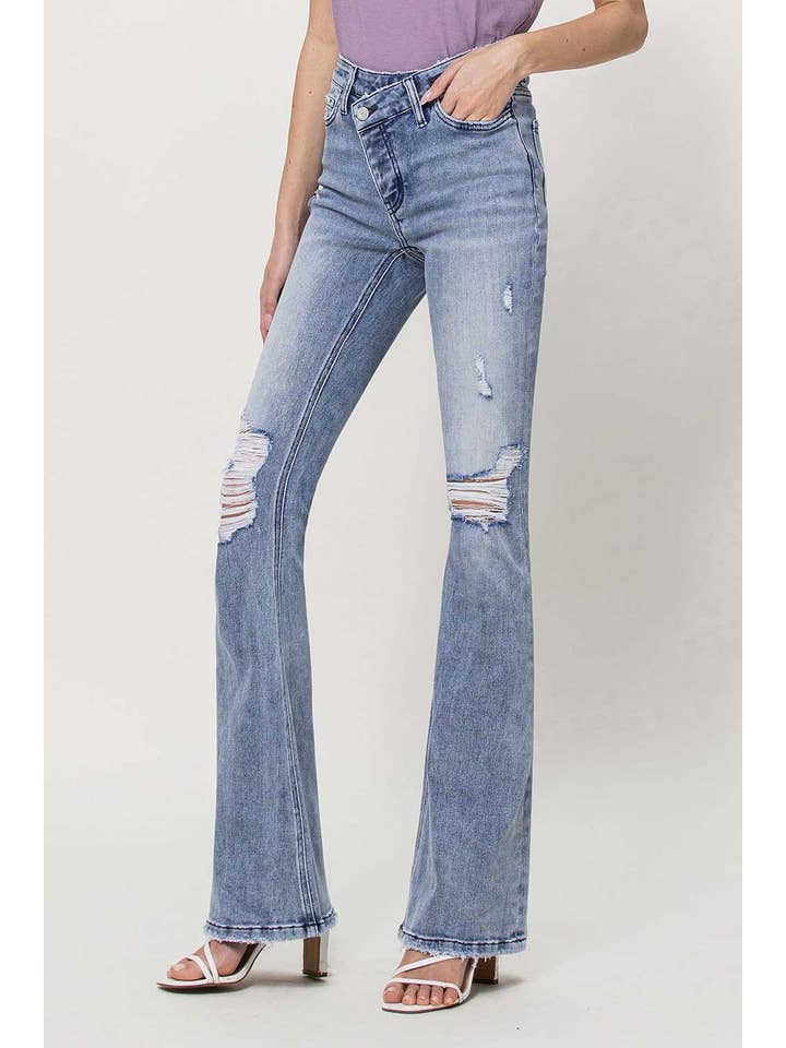 DANNY HIGH RISE CRISS CROSS BUTTON UP FLARE JEANS V3032 for wholesale on Faire6