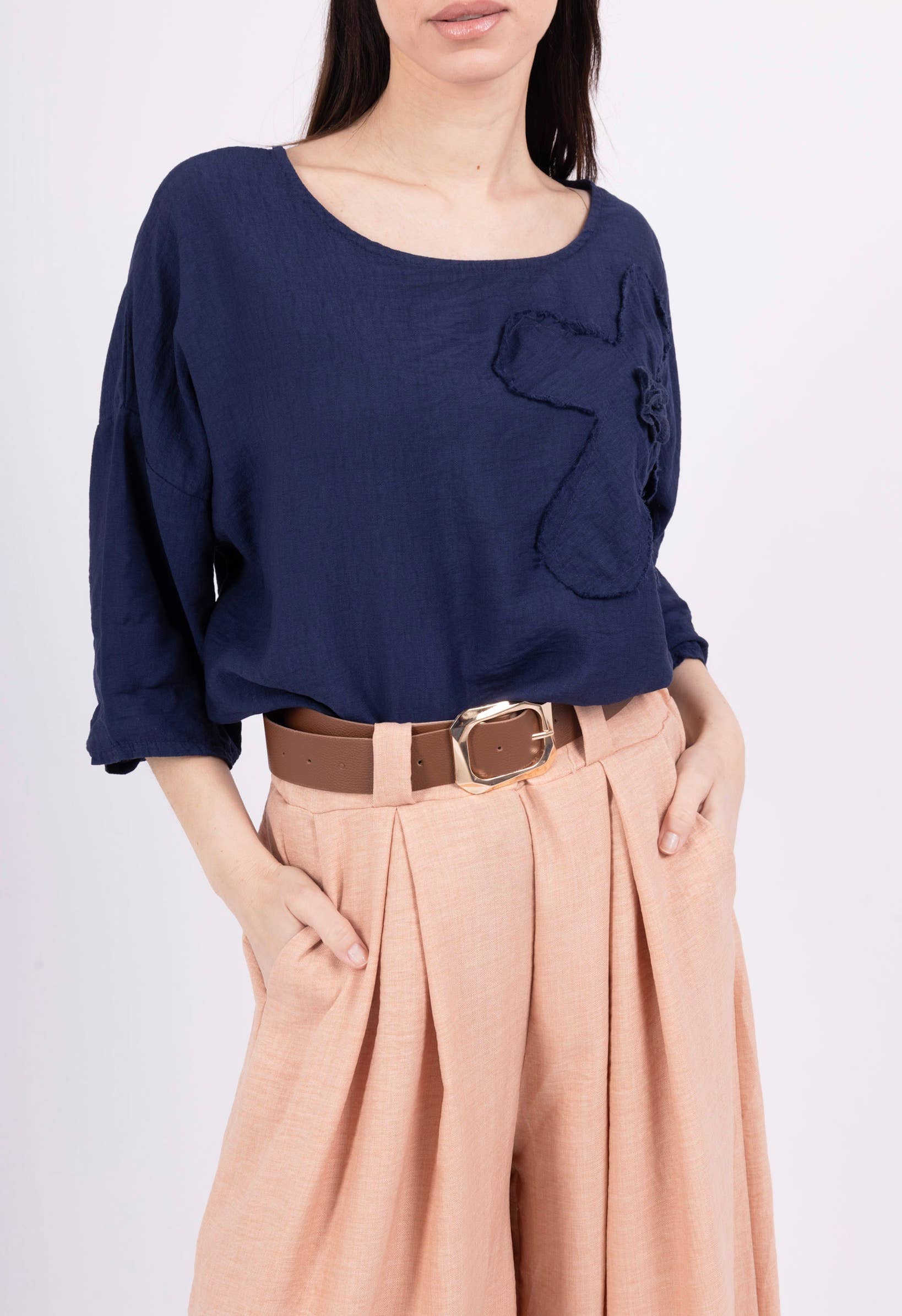 Happy look - Wholesale Blouse - Women's - Viscose Top with Round Neck and Flower Embroidery0