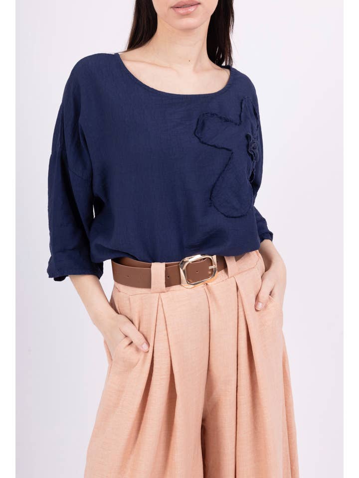 Happy look - Wholesale Blouse - Women's - Viscose Top with Round Neck and Flower Embroidery