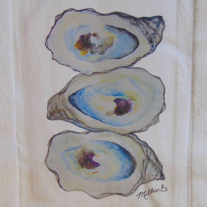 Lowcountry Linens - Wholesale Tea Towel - Limited Edition Watercolor 3 Oysters Flour Sack Towel