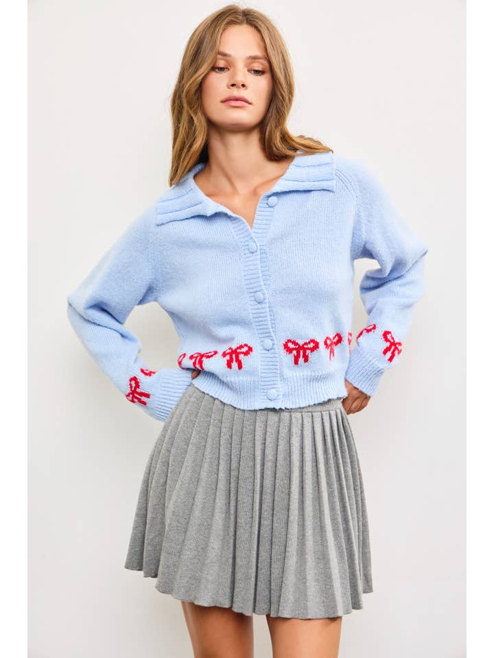POWDER BLUE WIDE RIB COLLAR SHORT CARDIGAN for wholesale on Faire