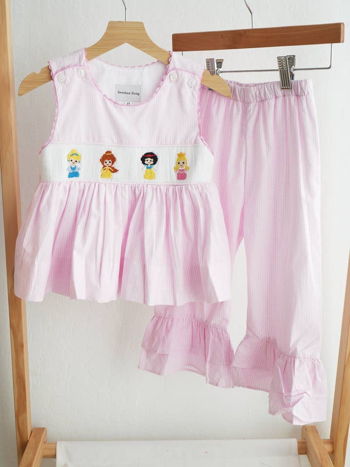 Pink princess hand smocked plaid ruffle pants set for wholesale by Aspen Rain Boutique