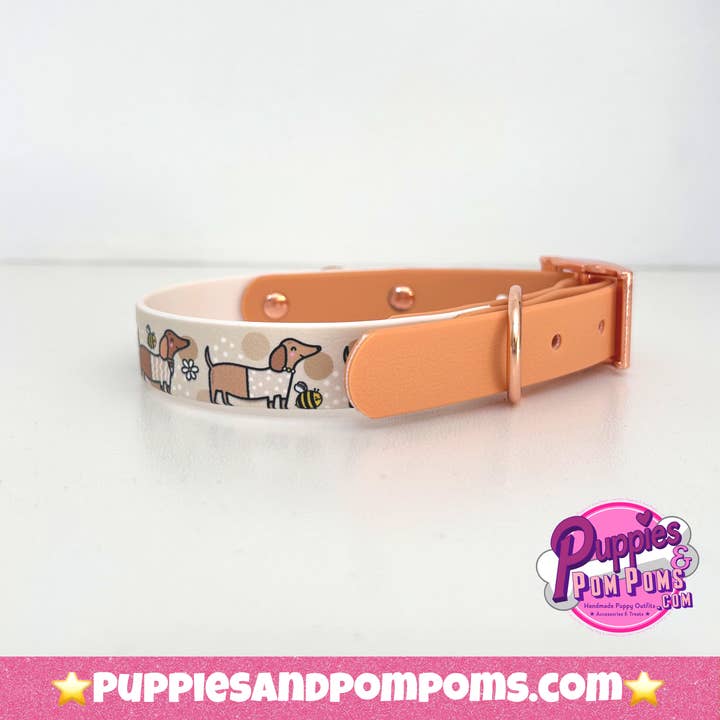 Puppies & Pom Poms - Wholesale Pet Collar - Dog - Bee Happy Dachshunds - Handmade Biothane Dog Collar - Tan3