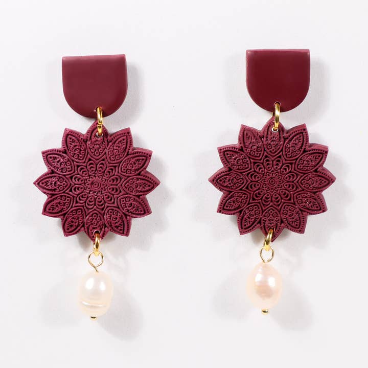 Maroon Mandala Textured Polymer Clay Earrings for wholesale by CraftlyKaleido
