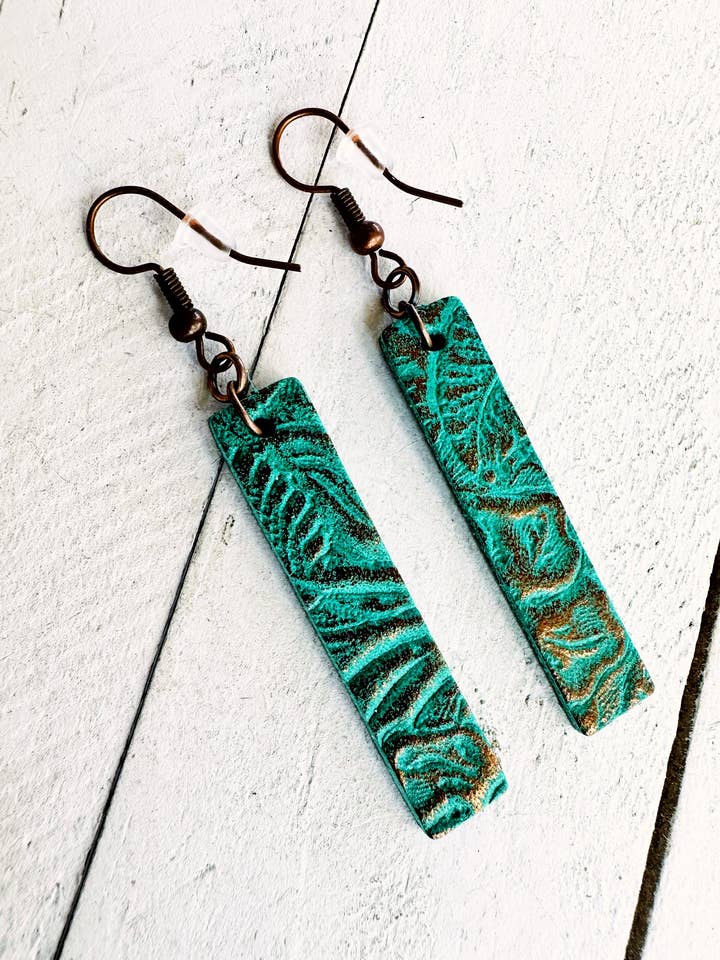 Metallic Copper on Teal Green Leather Bar Earrings for wholesale by Boho By Design