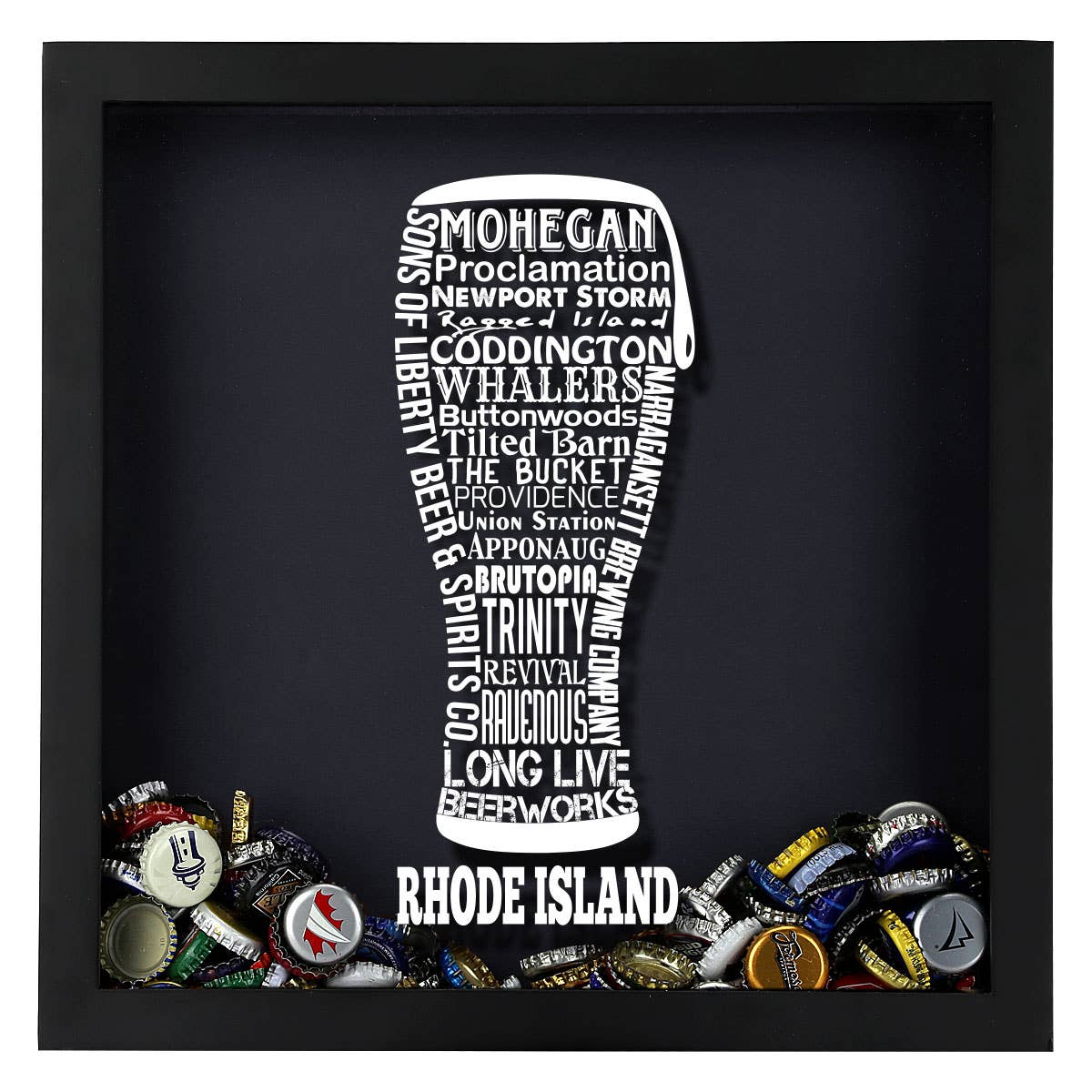 Torched Products - Vendita all'ingrosso Decorazione da parete 3D - State Beer Cap Shadow Box, nero, tipografia della birra artigianale36