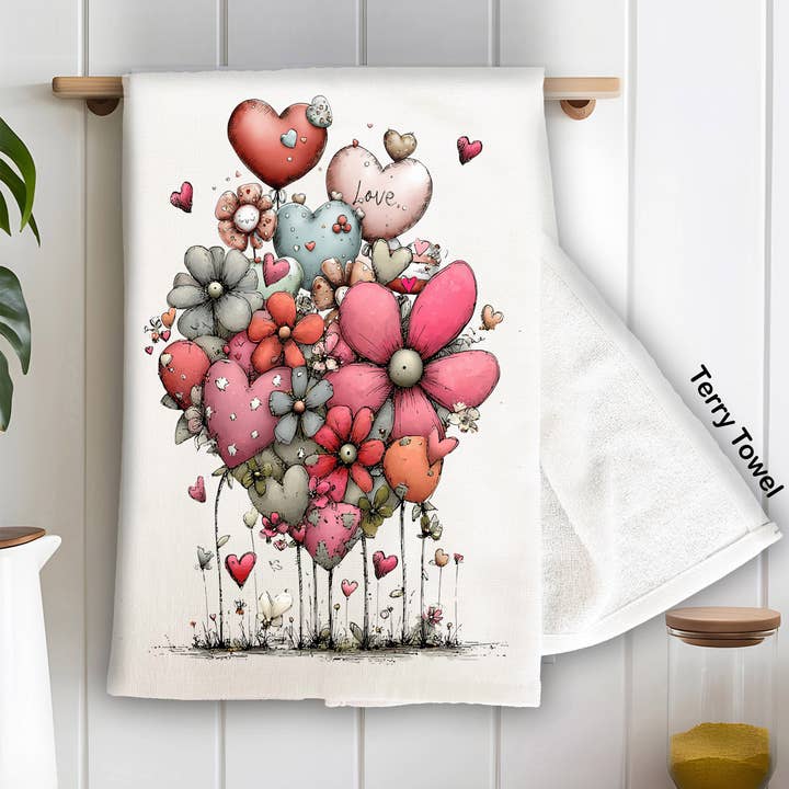 Valentine Whimsical Hearts Flowers Kitchen Terry Towel for wholesale by Avery Lane Gifts