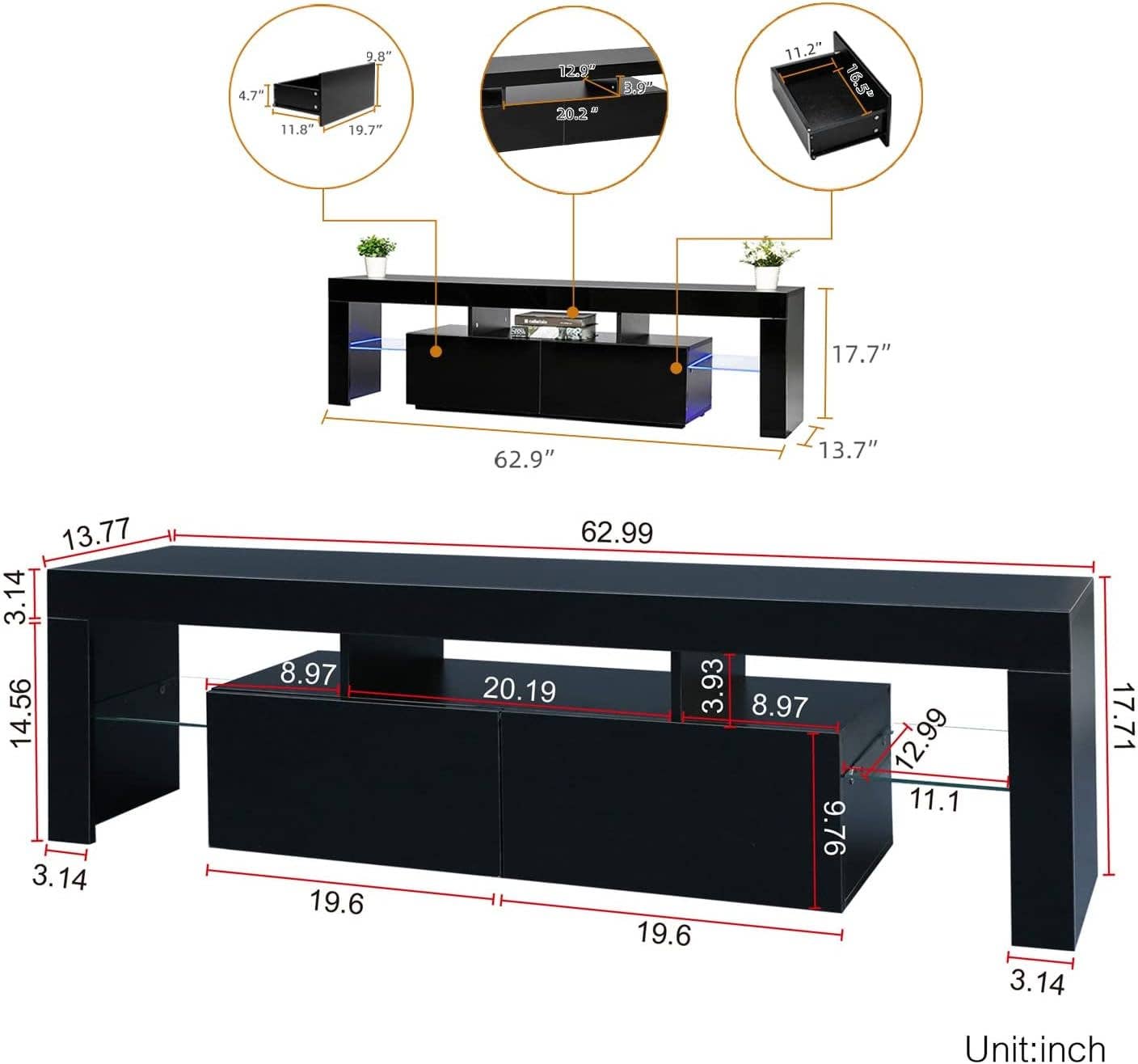 ShipItFurniture - Wholesale Console Table - Black 75 Inch TV Stand With LED Lights And Large Drawers4