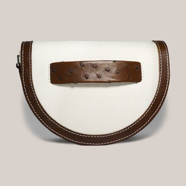 Mala Meia Lua De Pele De Ostrich Castanha e Linho por atacado de Nilau