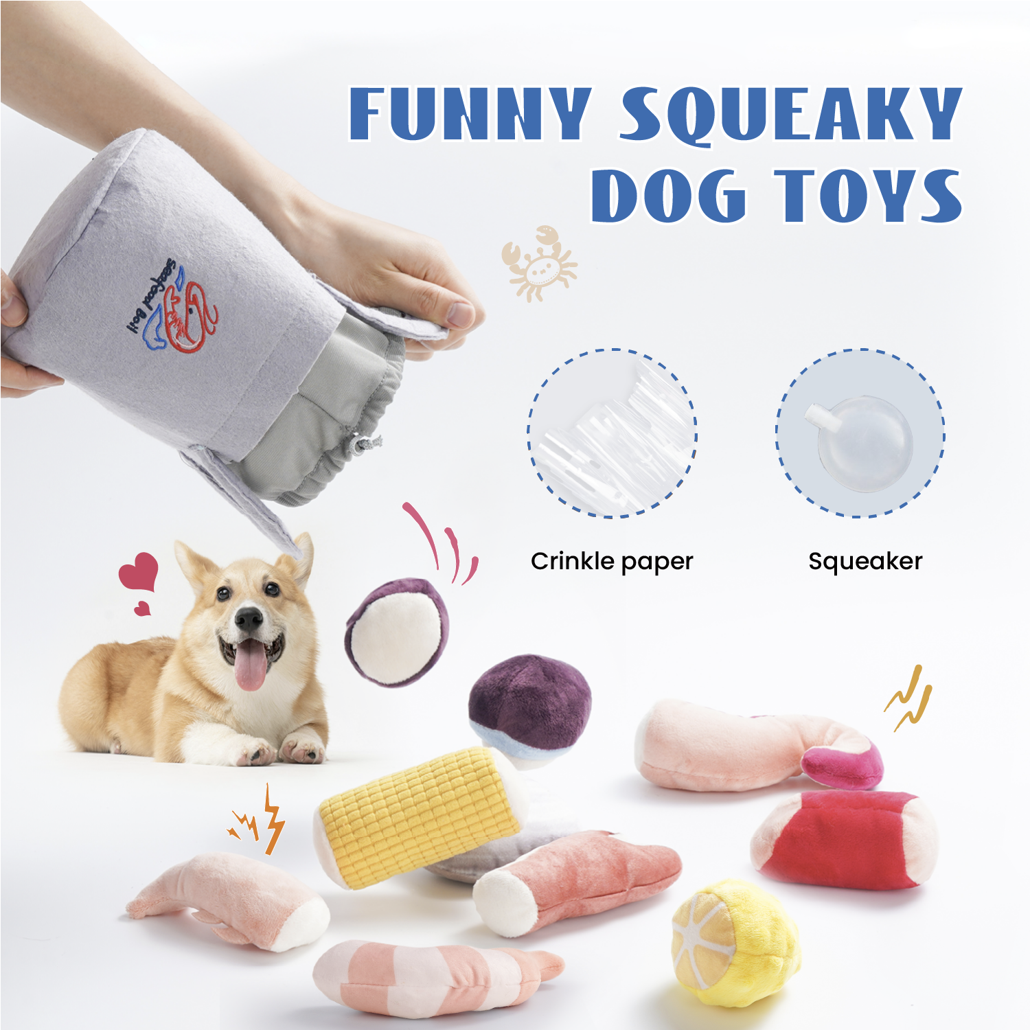 Nocciola – Großhandel Haustier-Quietschspielzeug – Hund – Nocciola 10er-Set Meeresfrüchte-Bündel kleine Hundespielzeuge mit Quietscher und Knisterfolie gegen Langeweile4