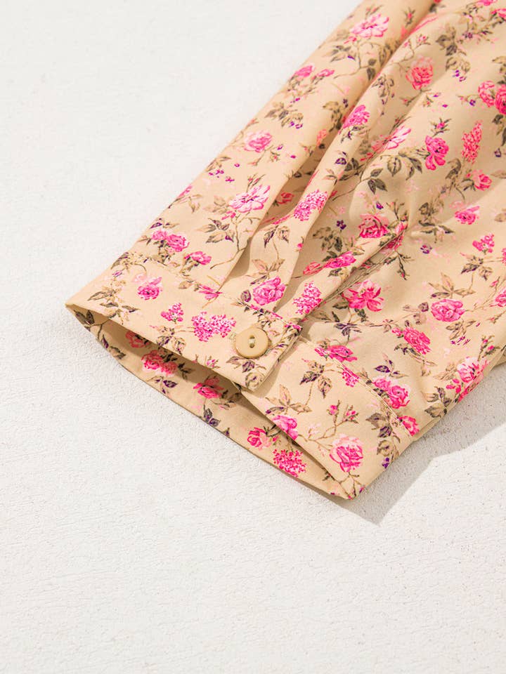 Light French Beige Floral Print Bow Pintuck Bust Half Puff Sleeve Blouse Top for wholesale on Faire5