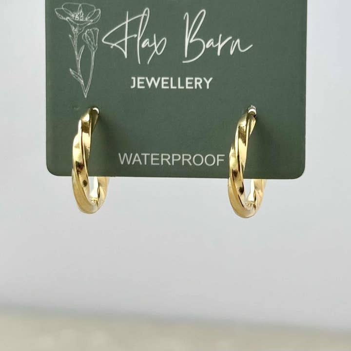 Tarnish Resistant Twisted Gold Huggie Hoops for wholesale by Flax Barn
