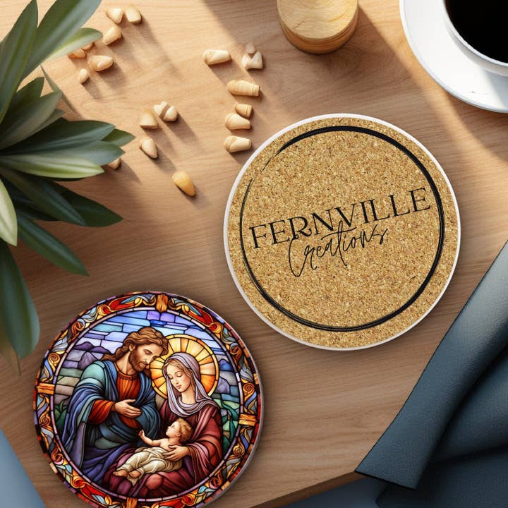 Fernville Creations - Wholesale Coasters - Ceramic Nativity Scene Coaster with Stained Glass Design