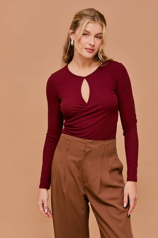Burgundy LONG SLEEVE WRAP SIDE SHIRRING BODYSUIT for wholesale on Faire1