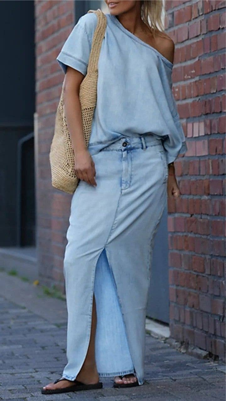 EmberLoom - Vente Ensemble haut et jupe - Femme - Ensemble haut à épaules dénudées et jupe fendue à l'avant