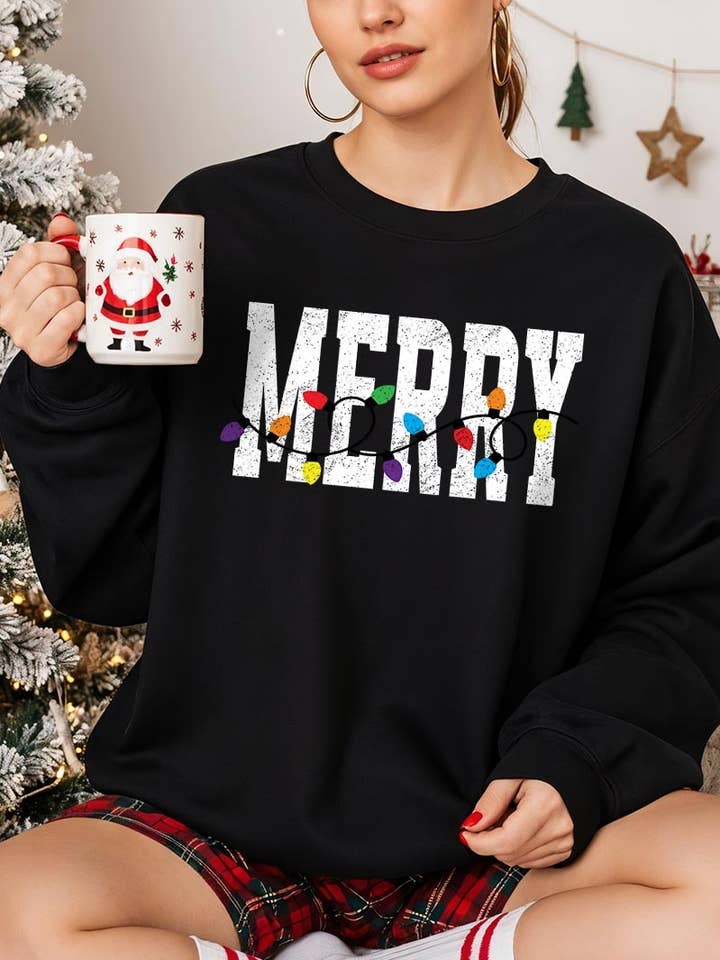 Sweatshirt Gráfico de Luzes de Natal Alegre por atacado de Pink Irene Wholesale
