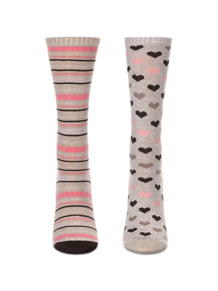 Ivory Heather 2Pair Diabetic Heart/Stripe Half Cushion Crew Sock for wholesale on Faire1