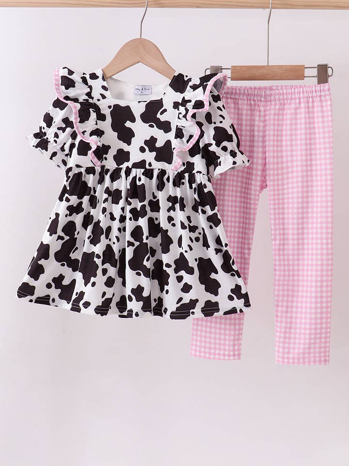 Conjunto de pantalones con volantes y lazo de vaca negra para venta al por mayor de Mom & Co.