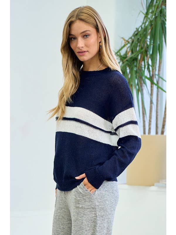 Doe and Rae - Wholesale Knit Sweater - Women's - Lightweight Knit Sweater With Big Stripe - 1602C