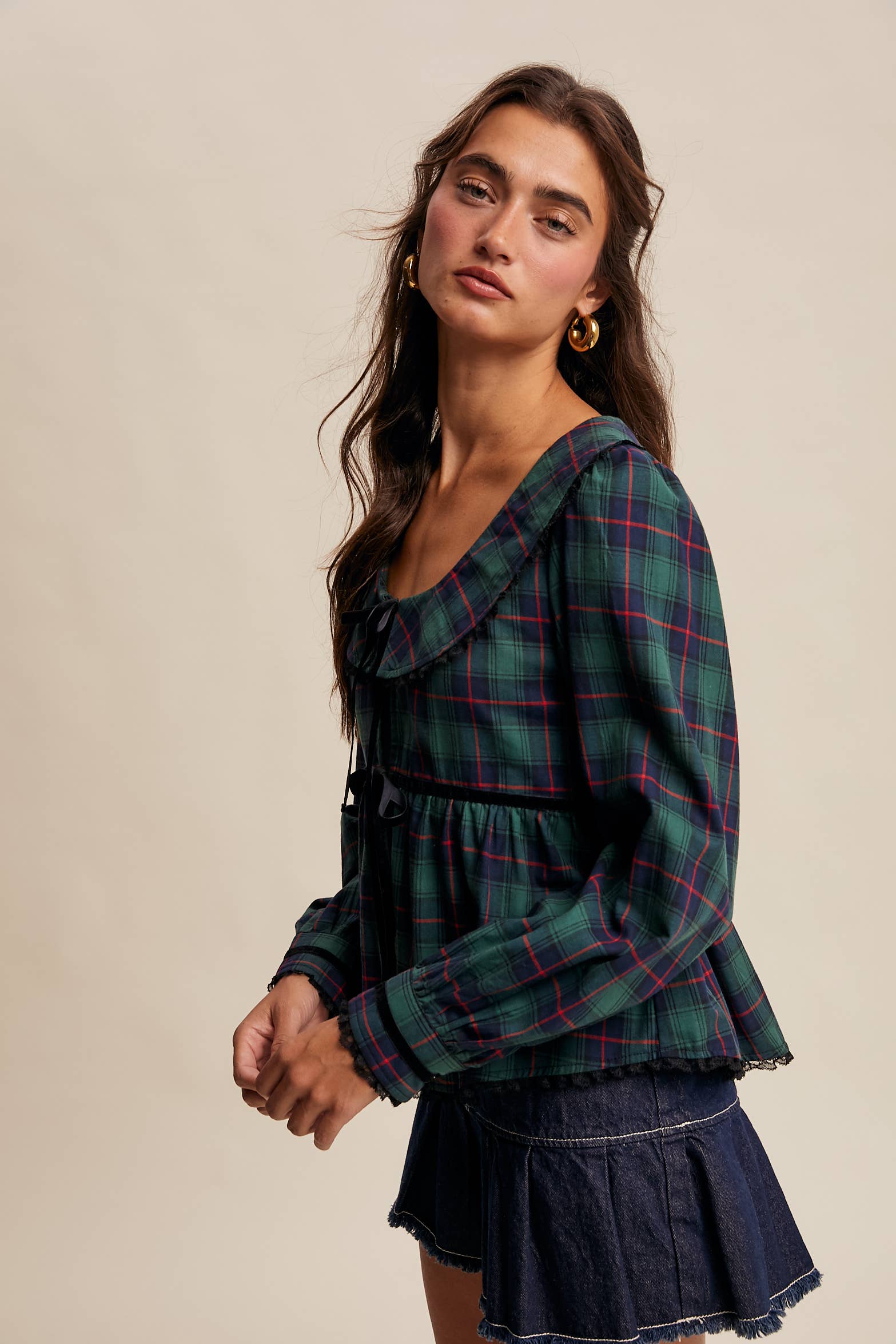 Listicle - Wholesale Blouse - Women's - Plaid Velvet Trim Holiday Blouse LT144615