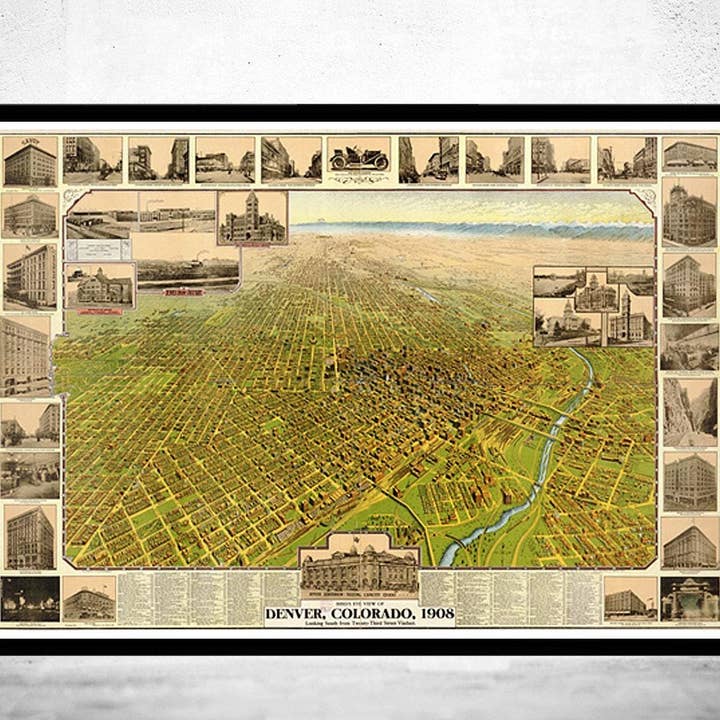 Denver Colorado Ancienne Carte Vue Panoramique 1908 Carte Vintage | Impression Murale d'Art Vintage pour la vente par OldCityPrints - Old Maps and Posters