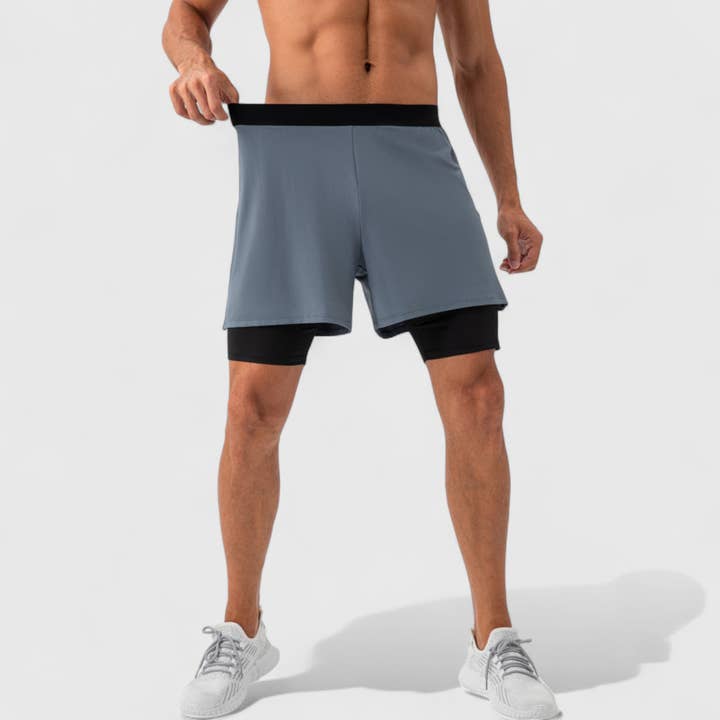 Active by Anna-Kaci - Wholesale Athletic Shorts - Men's - Men's 2-in-1 Training Shorts with Inner Compression Layer an21