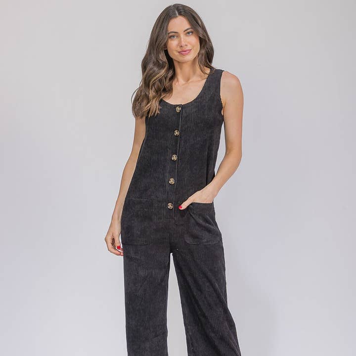 Mono de pana de pierna ancha con bolsillos frontales sin mangas y botones. para venta al por mayor de IWT Brands