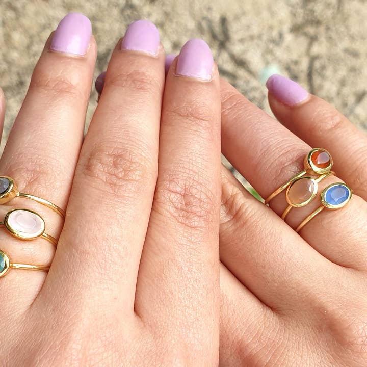 Schmuckoo Berlin - Wholesale Single Stone/Solitaire Ring - Oval Gemstone Ring Gold Silver - Blue Apatite (3 Pieces)