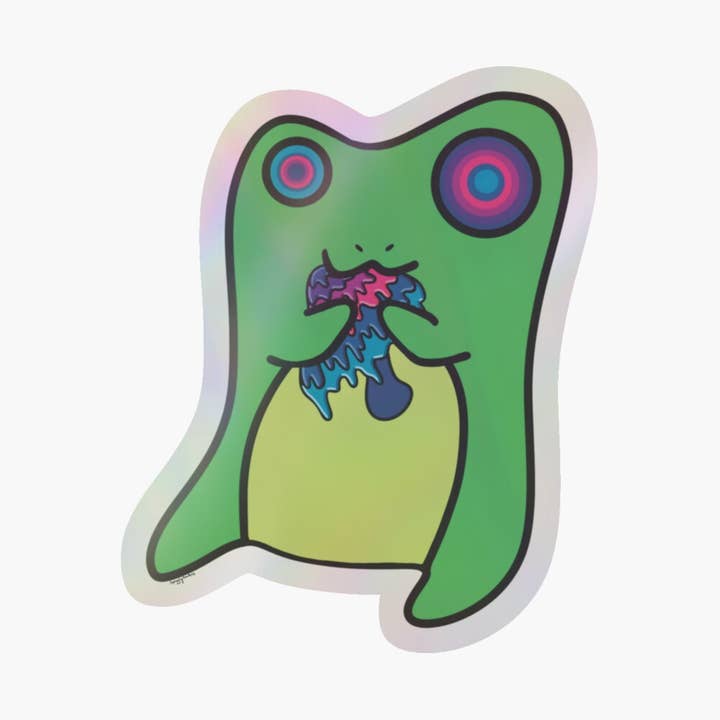 Afternoon Snack Psychedelic Mushroom Frog Vinyl Sticker for wholesale by SquigglyDoo Arts