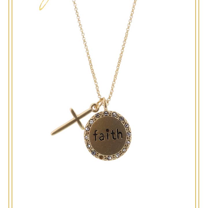 16" Faith Circle Disc with Gold Cross on Gold Chain Necklace for wholesale by Jane Marie