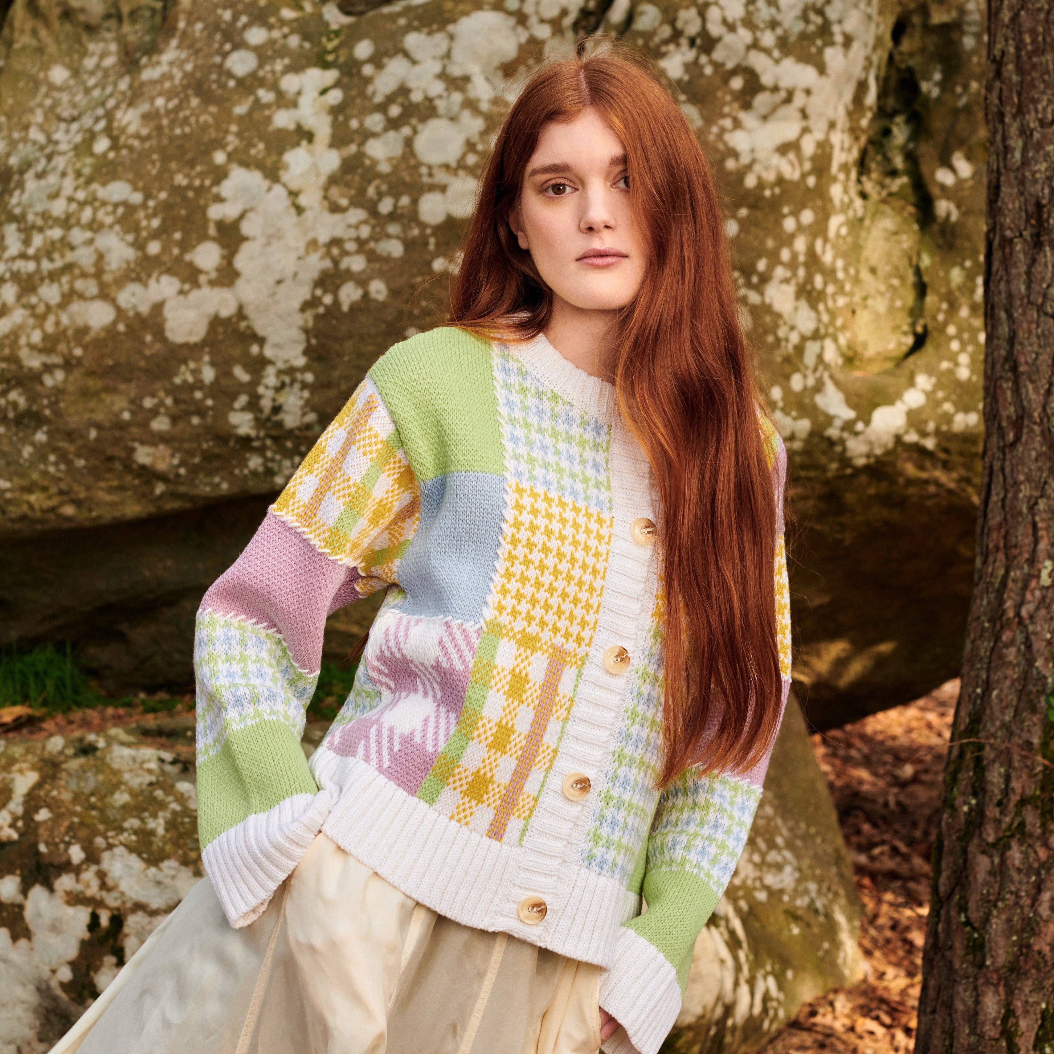 GiGi Knitwear - Wholesale Cardigan - Women's - Patchwork Cardigan in Lime Multi1