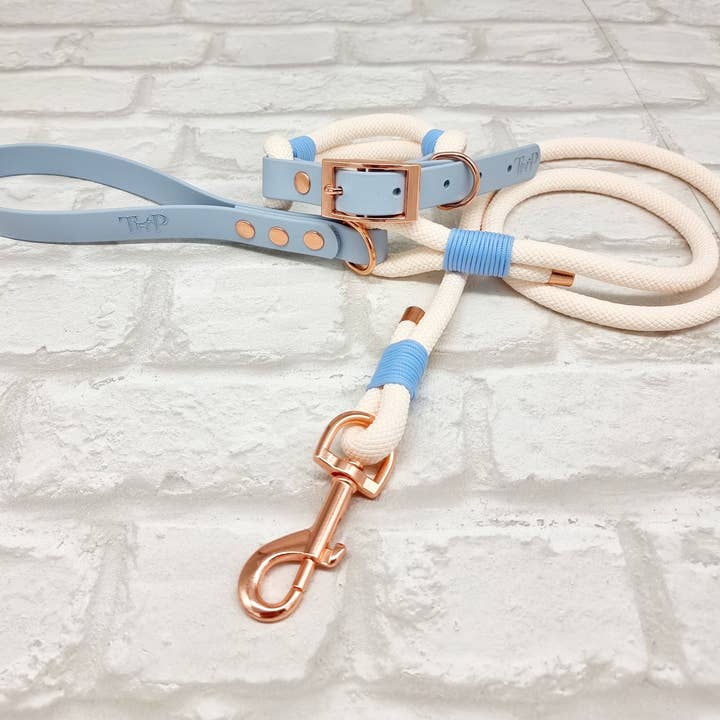 Premium Rope Dog Collar & Lead CREAM & PASTEL BLUE for wholesale by Trinkety Paws