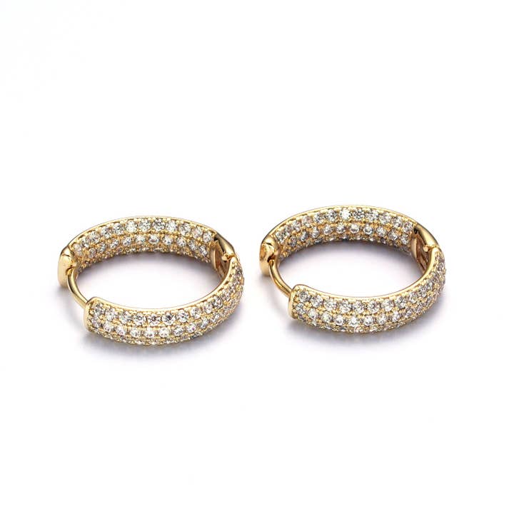 Simply Jewels - Wholesale Huggie Earrings - Double Sided Clear Micro Paved CZ Gold Huggie Hoops Statement Earrings
