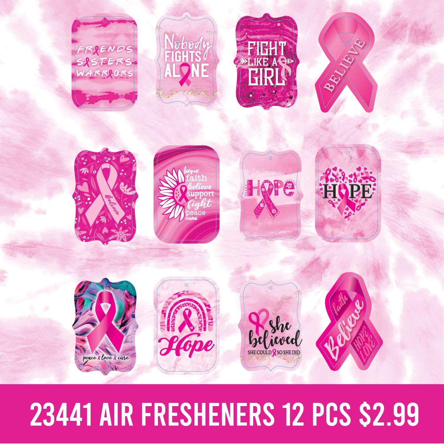 Novelty Closeout - Wholesale Air Freshener - Breast Cancer Pink Hanging Air Freshener Assortment- 12/Pack1