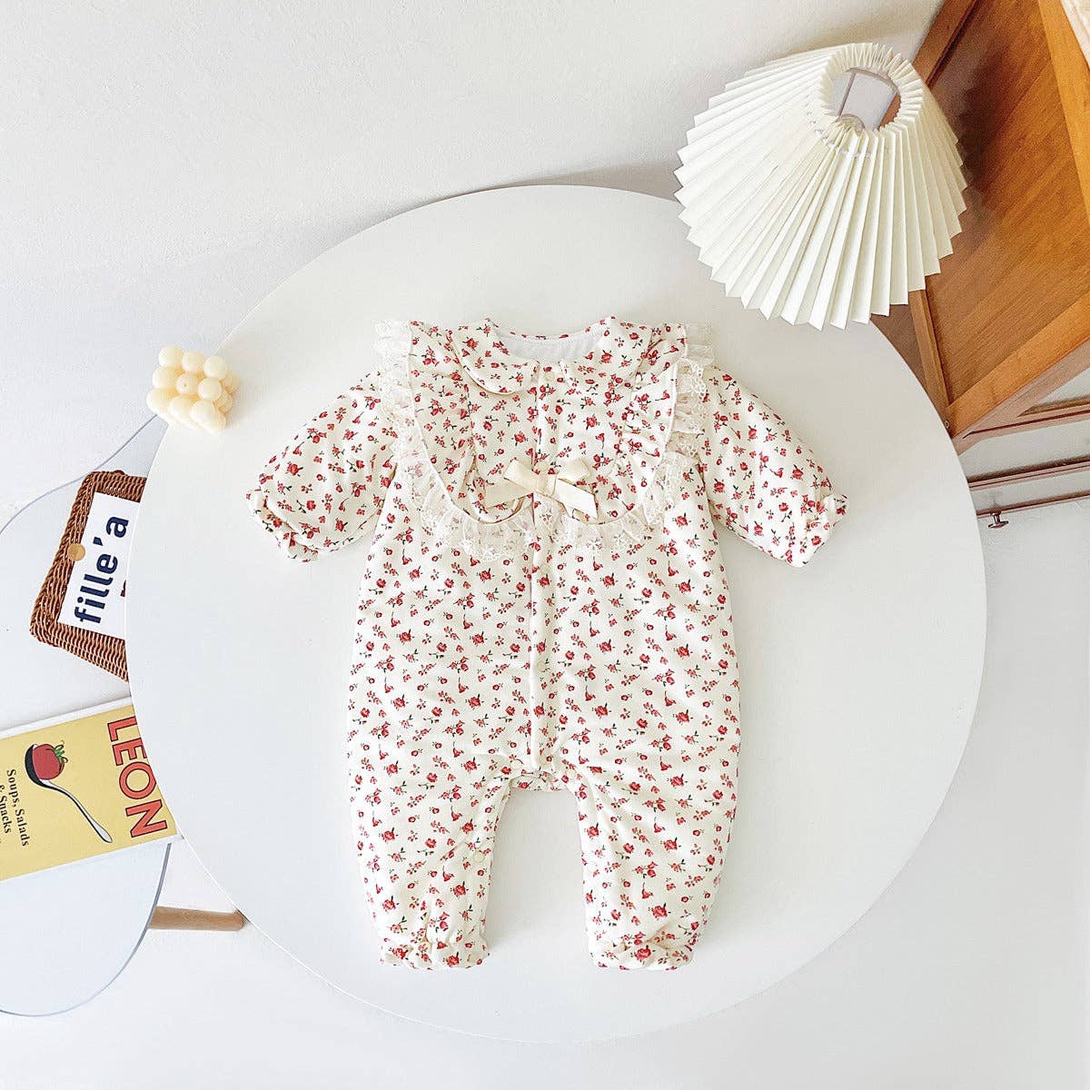 Red Baby Girl Ditsy Flower Pattern Mesh Patched Design Lolita Romper Outfits for wholesale on Faire