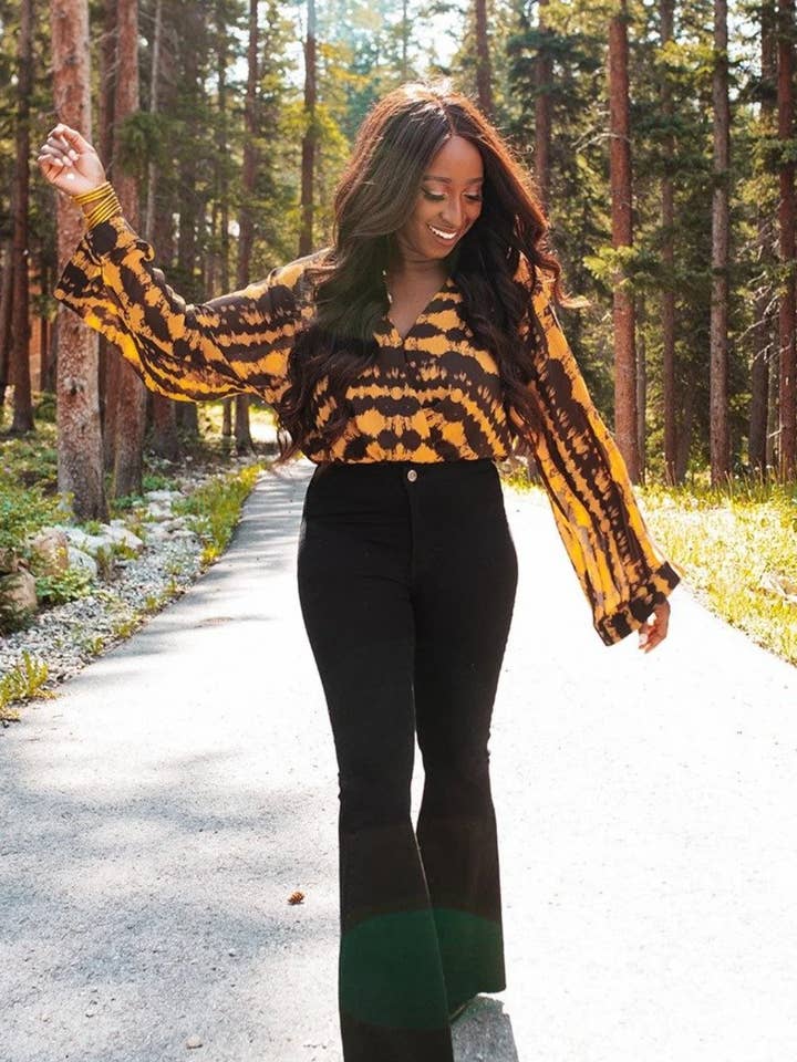 BuddyLove - Wholesale Bodysuit - Women's - Ariana Radioactive Yellow/Brown Bell Sleeve Bodysuit