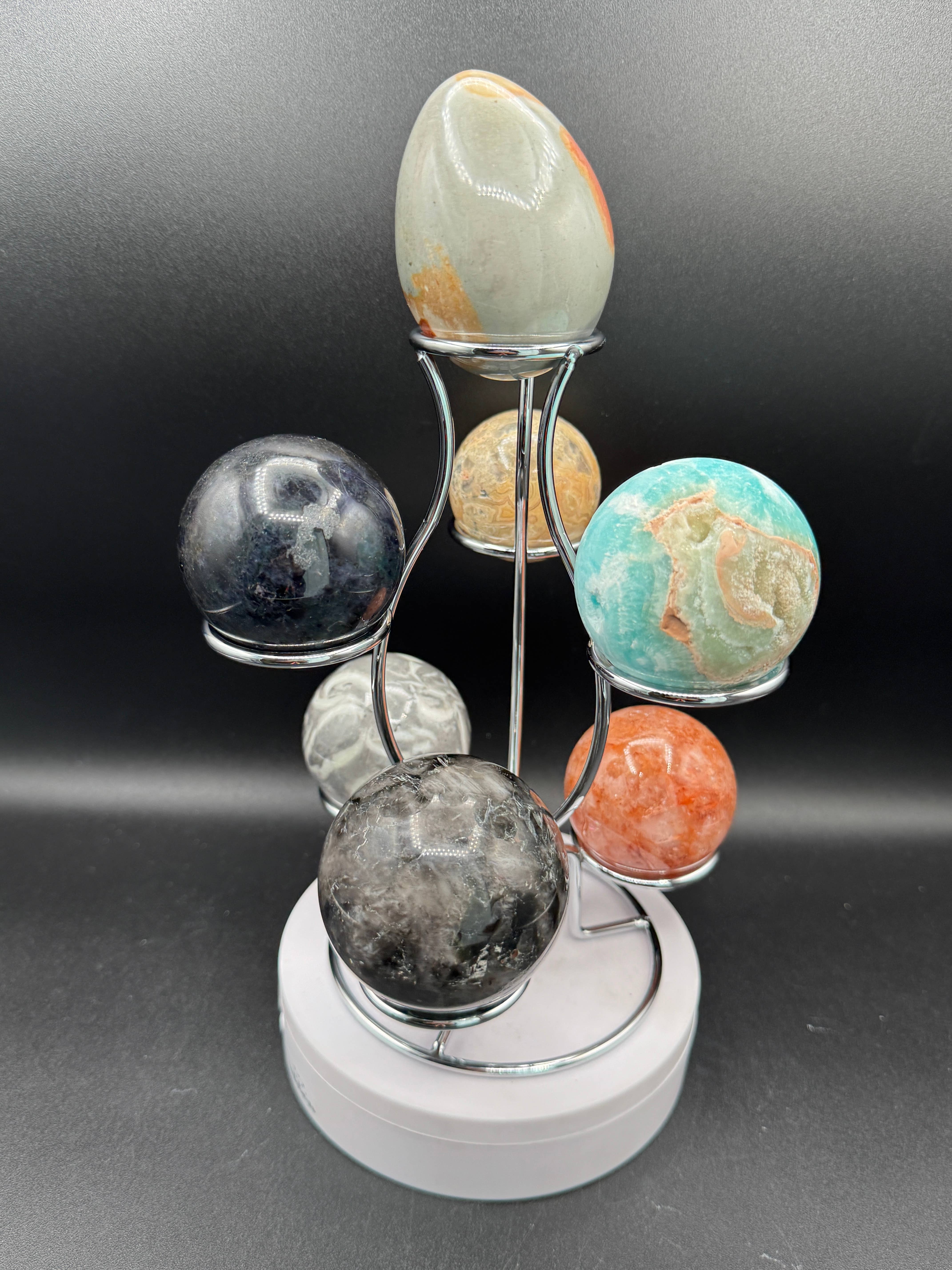 The 7 Directions - Wholesale Spiritual Stone/Crystal - 7 pc Mica Iolite fire quartz sphere w/ display stand G9961