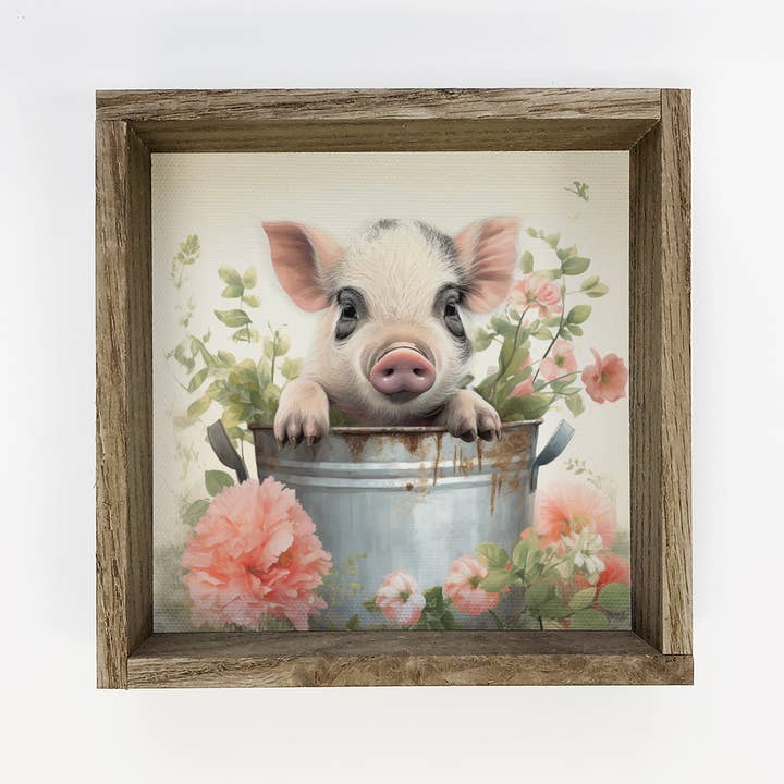 Hangout Home – wholesale Sign – Black White Pig in Tub - Cute Framed Animal Art - Farmhouse