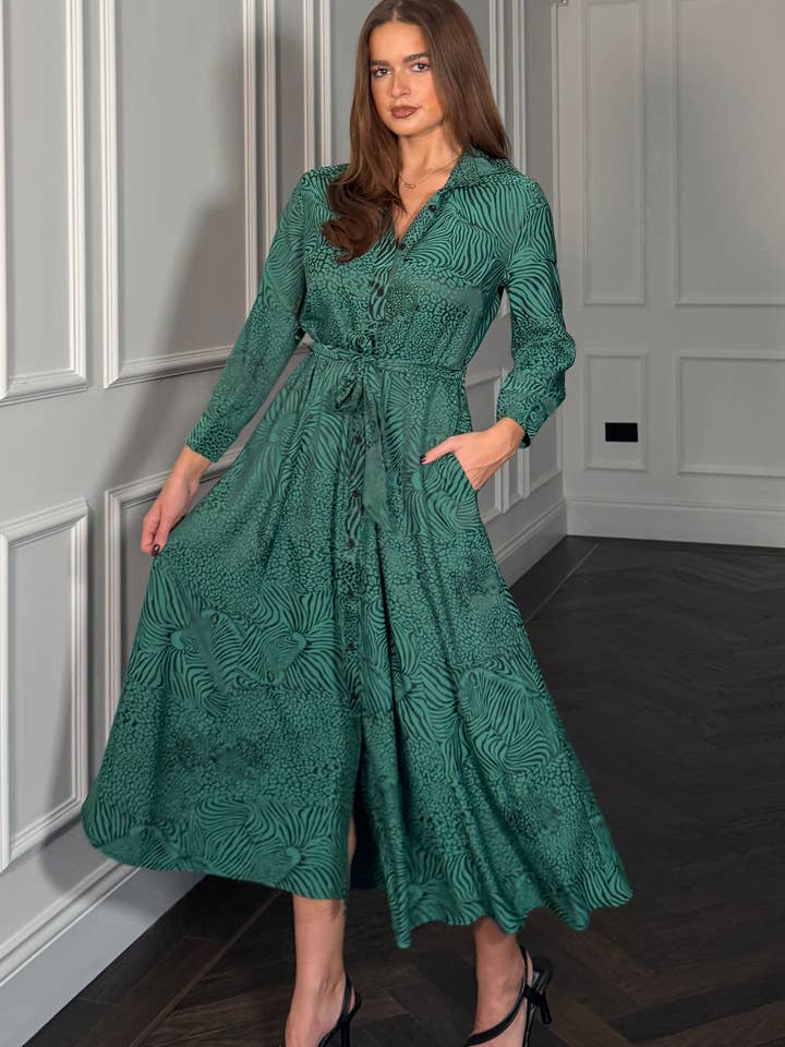 Vestido Camiseiro Comprido de Manga Comprida Angela Verde Animal por atacado de Girl in mind