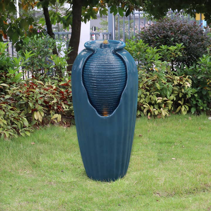 Contemporary Vase Water Fountain with LED Lights, Blue for wholesale on Faire