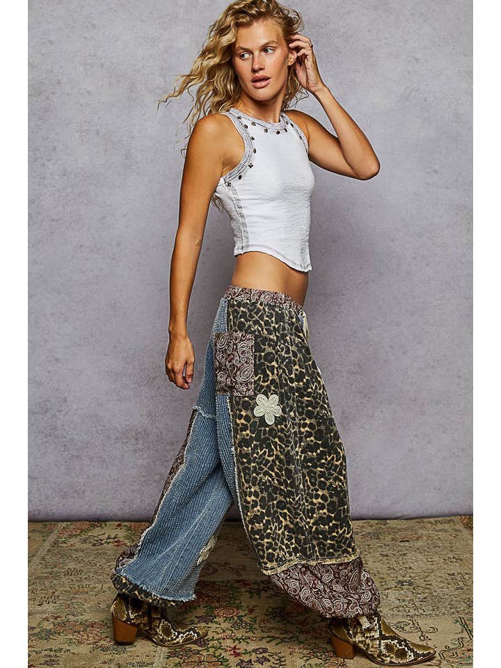 Pol Clothing - Wholesale Pants - Women's - Crochet patch detail contrast patchwork printed woven pants51